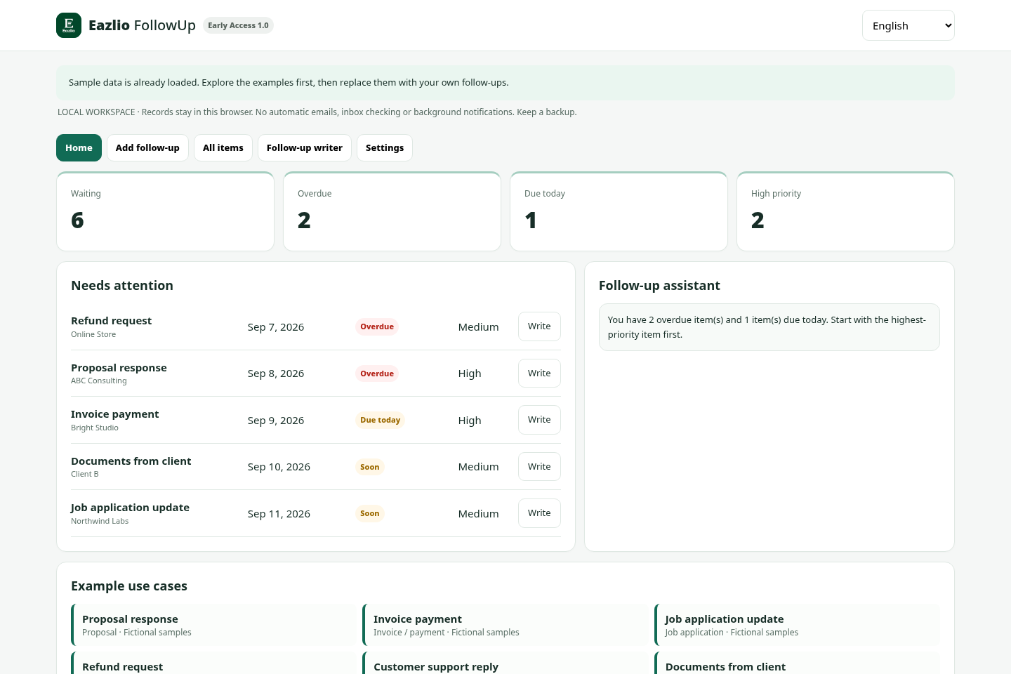 Eazlio FollowUp dashboard showing fictional overdue and upcoming follow-ups